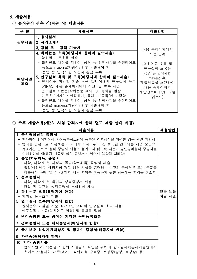 한국원자력통제기술원 채용 공고의 '제출서류' 안내 페이지입니다. 상단에는 응시원서 접수 시 채용 홈페이지에 직접 입력하거나 PDF로 업로드해야 하는 필수 및 해당자 제출 서류(응시원서, 자기소개서, 학위논문 초록 등)가 표로 정리되어 있습니다. 하단에는 제2차 시험 합격자에 한해 추후 별도로 제출해야 하는 10가지 증빙 서류(공인영어성적, 졸업증명서, 성적증명서, 병적증명원 등) 목록과 제출 방법이 상세히 안내되어 있습니다. 상세 설명은 다음과 같습니다.  9. 제출서류 □ 응시원서 접수 시(지원 시) 제출서류 응시 지원 시에는 채용 홈페이지에서 직접 입력하거나 스캔하여 PDF 파일로 업로드해야 합니다. &bull; 필수 제출 서류: 응시원서, 자기소개서, 그리고 경험 또는 경력 기술서를 채용 홈페이지에 직접 입력하여 제출해야 합니다. &bull; 해당자 제출 서류 (학위논문 초록): 학위별 논문 초록을 제출해야 하며, 블라인드 채용을 위해 성명 등 인적사항은 수정테이프 등으로 가림 처리(masking) 후 스캔하여 업로드해야 합니다. (인적사항 노출 시 감점 부여) &bull; 해당자 제출 서류 (연구실적 목록 및 초록): 원서접수 마감일 기준 최근 3년 이내의 연구실적(논문, 특허 등) 목록과 초록을 제출해야 합니다. 논문은 '게재'만, 특허는 '등록'만 인정됩니다. 이 역시 인적사항은 가림 처리 후 PDF로 업로드해야 합니다. □ 추후 제출서류(제2차 시험 합격자에 한해 별도 제출 안내 예정) 다음 서류들은 원본 또는 파일 형태로 제출해야 하며, 미제출 시 불합격 처리될 수 있습니다. 1. 공인영어성적 증명서: 인사혁신처 사전등록 성적의 경우 관련 확인서를 제출하며, 영어권 국가 학사 이상 취득자는 제출 불필요합니다. 유효기간 만료 전 미리 출력해 두어야 합니다. 2. 졸업(학위취득) 증명서: 대학 및 대학원 전 과정의 증명서를 제출합니다. 2026년 3월까지 학위를 취득하지 못할 경우 합격이 취소됩니다. 3. 성적증명서: 대학 및 대학원 전 학년 성적증명서를 제출하며, 편입생은 전 학교 성적을 포함합니다. 4. 학위논문 초록: 해당자에 한하며, 학위별 논문 초록 원본 또는 파일을 제출합니다. 5. 연구실적 초록: 해당자에 한하며, 최근 3년 이내 연구실적 초록 원본 또는 파일을 제출합니다. 6. 병적증명원 또는 병적이 기재된 주민등록초본: 남성 지원자에 한해 제출합니다. 7. 경력증명서 또는 재직증명서: 해당자에 한해 제출합니다. 8. 국가보훈 취업지원대상자 및 장애인 증명서: 해당자에 한해 제출합니다. 9. 자격증: 해당자에 한해 제출합니다. 10. 기타 증빙서류: 직업교육 수료증, 포상증(상장, 표창장) 등 사실관계 확인을 위해 기관에서 추가로 요청하는 서류입니다.